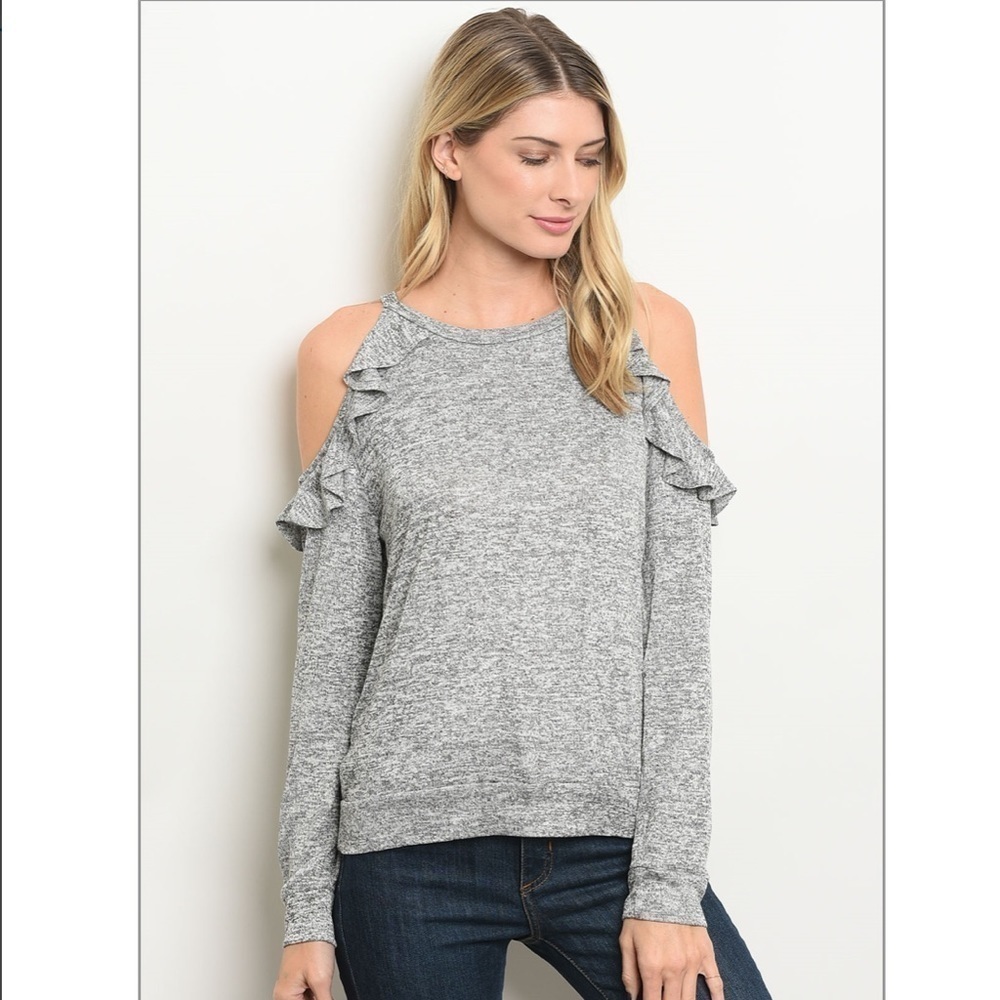 Cold Shoulder Grey Marled Ruffle Top